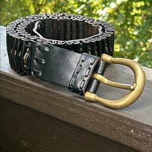 Vtg DKNY Leather Belt Weave Brass Buckle Womens Men’s Unisex Wide Sz L